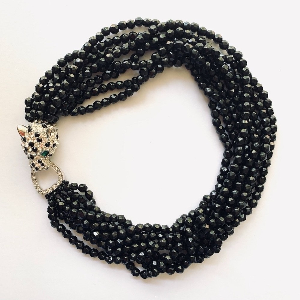 Kenneth Jay Lane Crystal Rhinestone Panther Torsade Necklace‎ with Black Beads